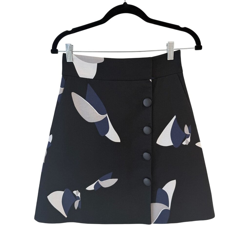 Tibi High Waist Black A-Line Mini Wrap Skirt Abstract Print Button Detail Size 2